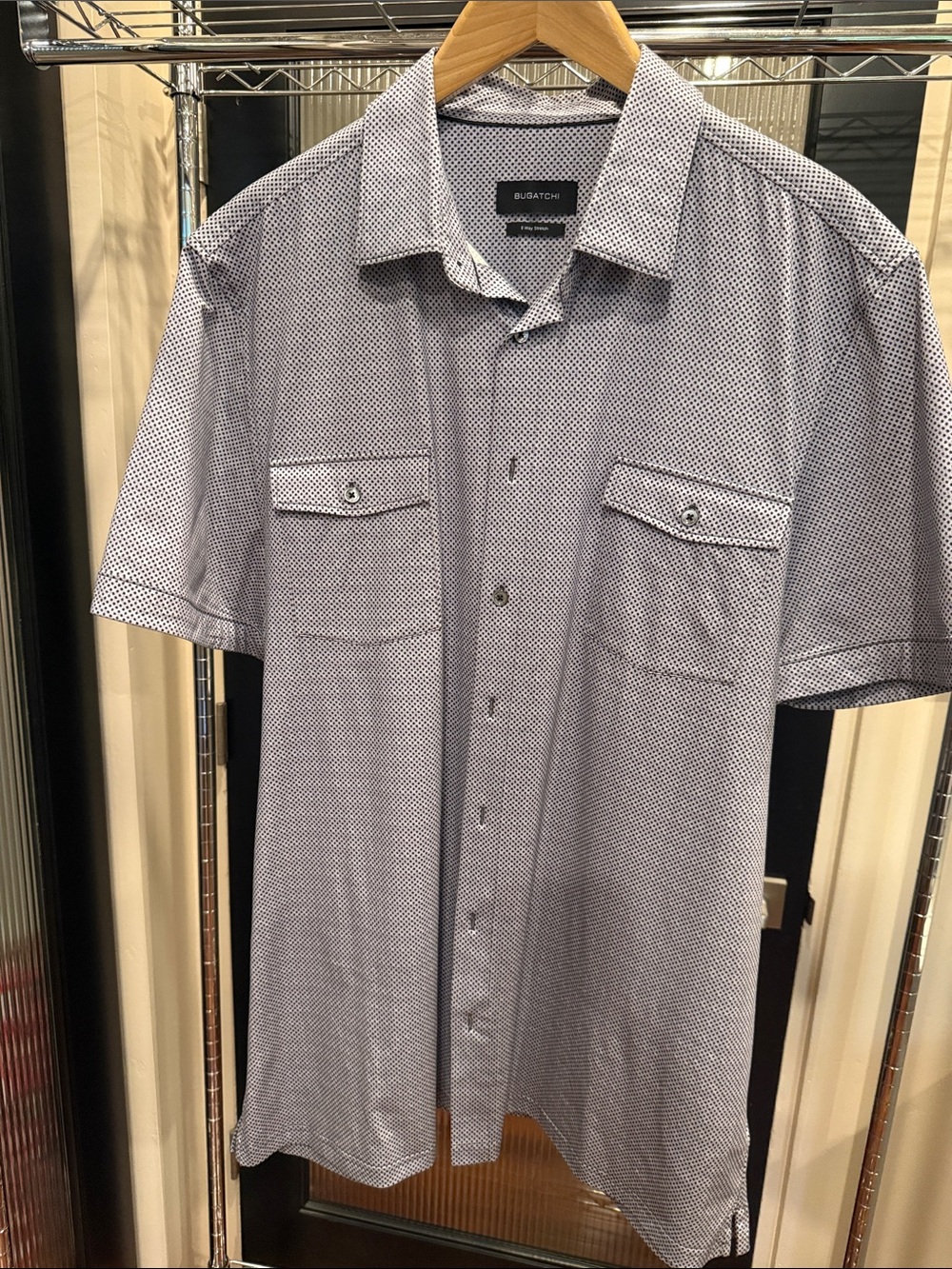 Bugatchi 8-Way Stretch Short Sleeve Button Up Shirt Men’s 3XL Gray Micro Print